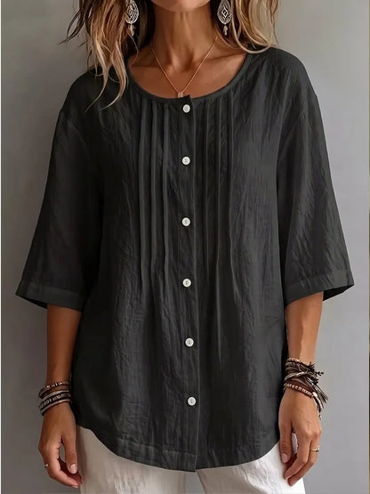 New Arrival 🔥Women'S Round Neck Three-Quarter Sleeve Pleated Shirt