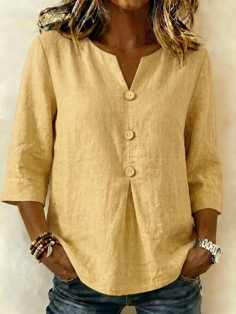 New Arrivals🔥Women's Solid Color V-neck 3/4 Sleeve Casual Loose Cotton Linen Top