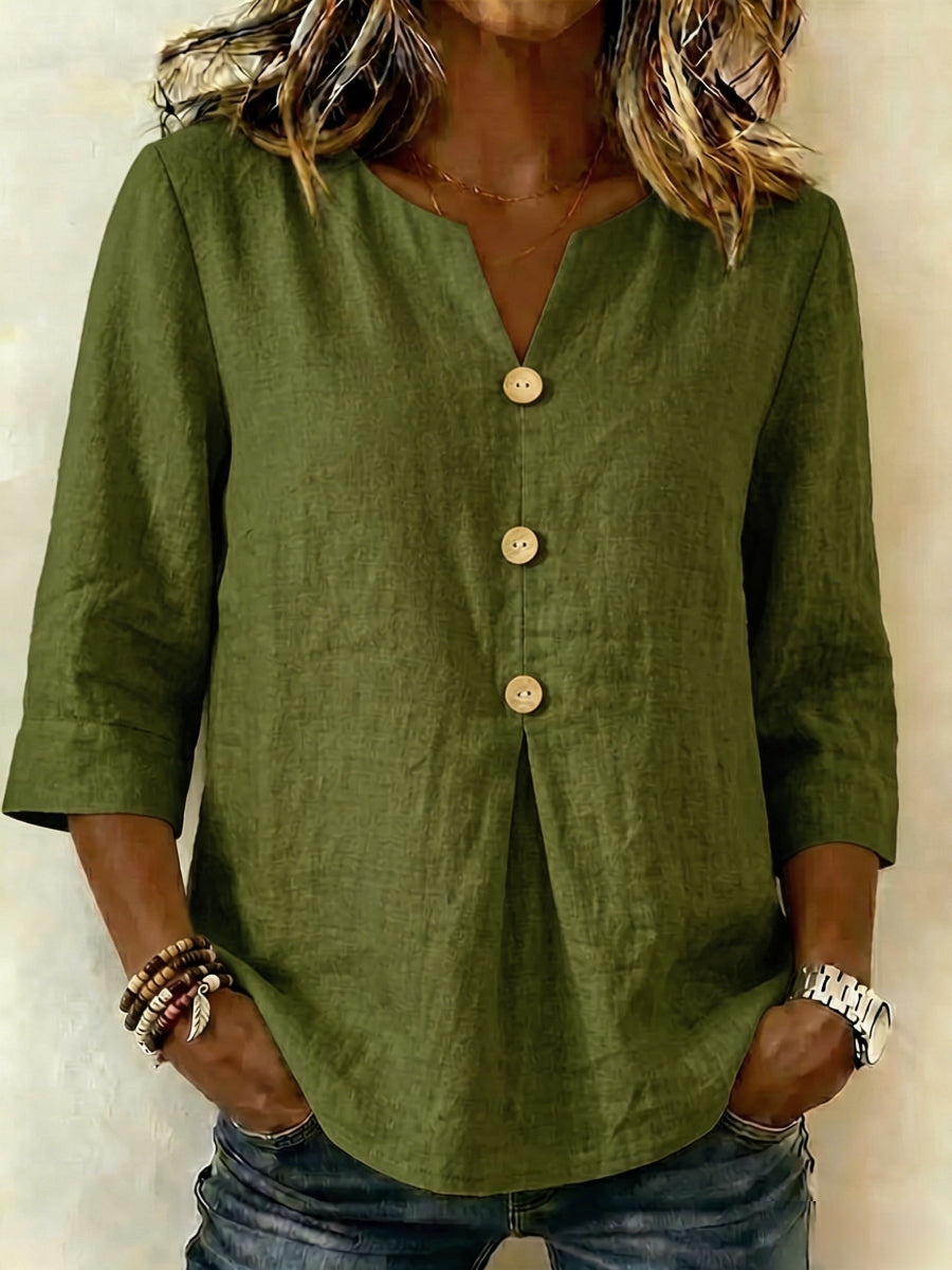 New Arrivals🔥Women's Solid Color V-neck 3/4 Sleeve Casual Loose Cotton Linen Top