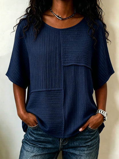 🔥CLEARANCE SALE🔥Women's Textured Patchwork Top with Round Neck and Short Sleeves
