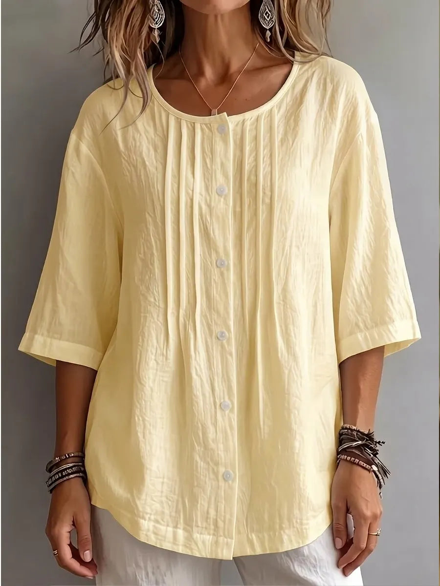 New Arrival 🔥Women'S Round Neck Three-Quarter Sleeve Pleated Shirt