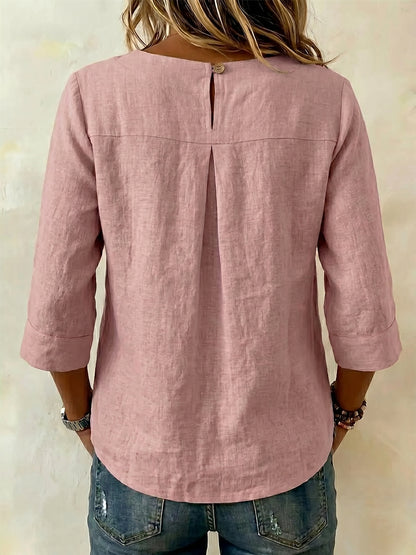 New Arrivals🔥Women's Solid Color V-neck 3/4 Sleeve Casual Loose Cotton Linen Top
