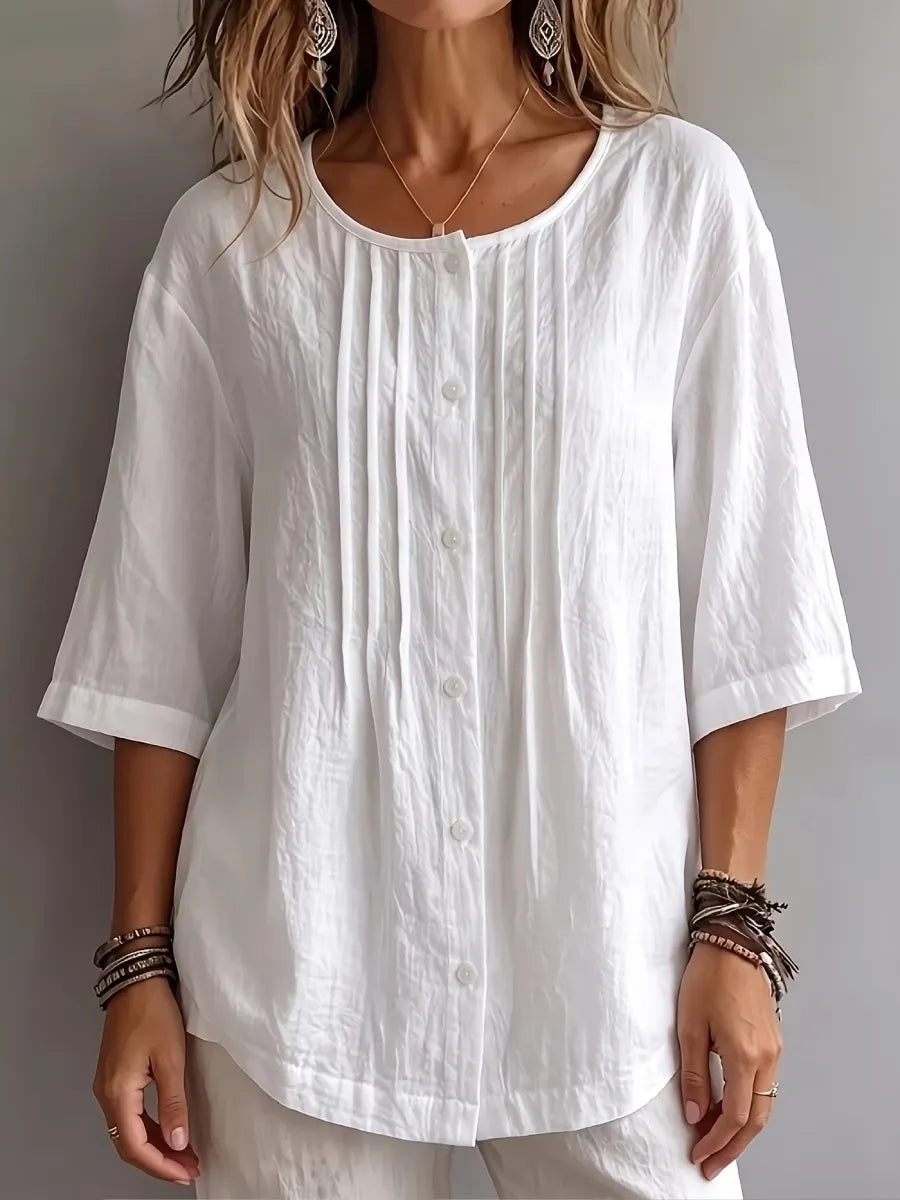 New Arrival 🔥Women'S Round Neck Three-Quarter Sleeve Pleated Shirt