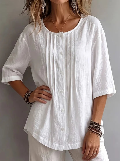 New Arrival 🔥Women'S Round Neck Three-Quarter Sleeve Pleated Shirt