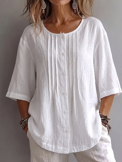 New Arrival 🔥Women'S Round Neck Three-Quarter Sleeve Pleated Shirt