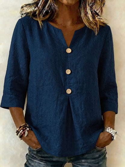 New Arrivals🔥Women's Solid Color V-neck 3/4 Sleeve Casual Loose Cotton Linen Top