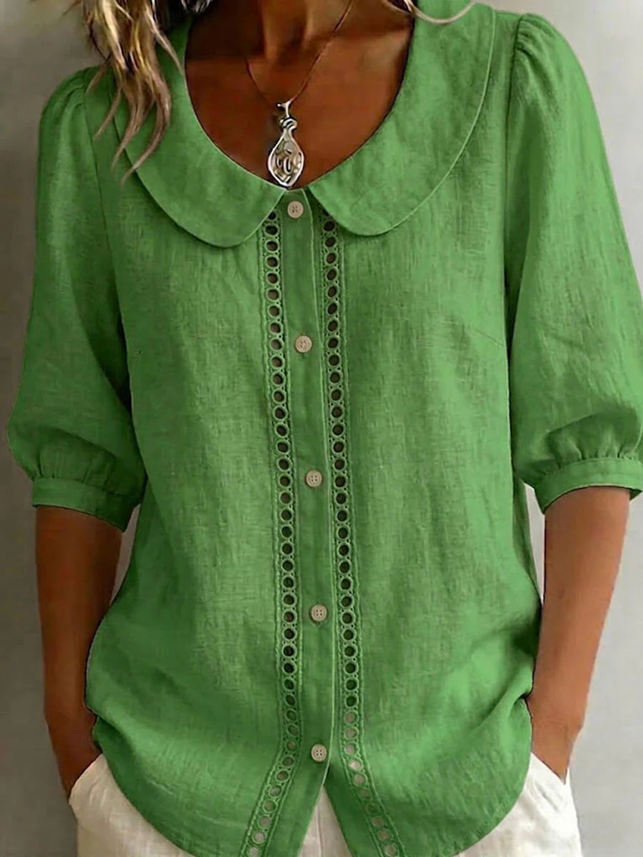 New Arrivals🔥 Women's Solid-color Peter Pan Collar 3/4-sleeve Casual Loose Cotton-linen Shirt