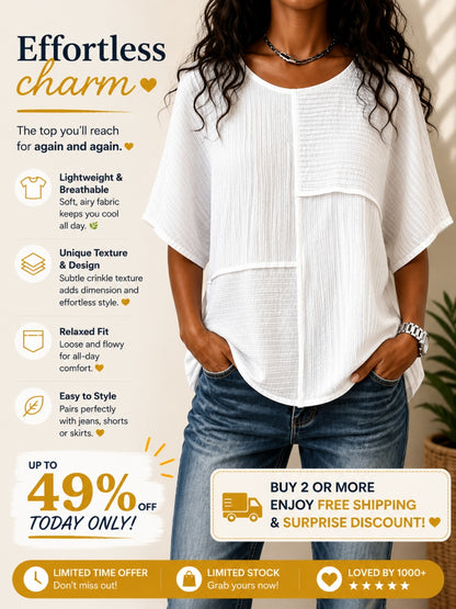 🔥CLEARANCE SALE🔥Women's Textured Patchwork Top with Round Neck and Short Sleeves