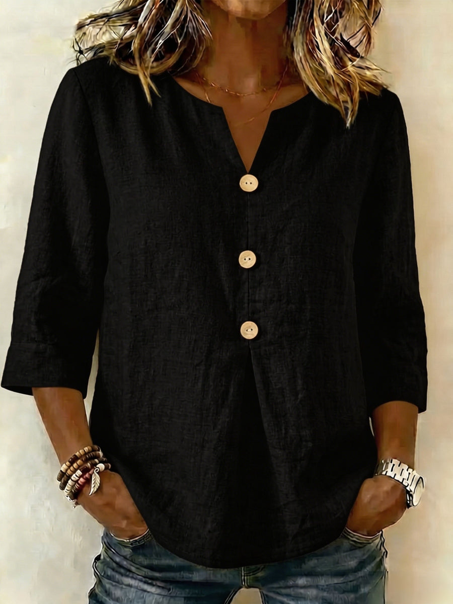New Arrivals🔥Women's Solid Color V-neck 3/4 Sleeve Casual Loose Cotton Linen Top