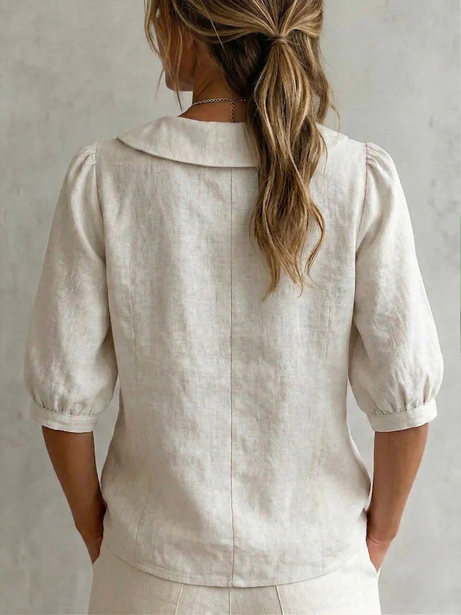 New Arrivals🔥 Women's Solid-color Peter Pan Collar 3/4-sleeve Casual Loose Cotton-linen Shirt