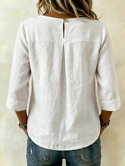 New Arrivals🔥Women's Solid Color V-neck 3/4 Sleeve Casual Loose Cotton Linen Top