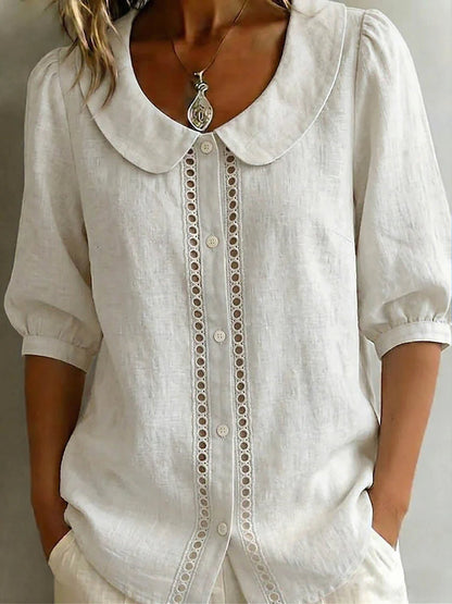 New Arrivals🔥 Women's Solid-color Peter Pan Collar 3/4-sleeve Casual Loose Cotton-linen Shirt
