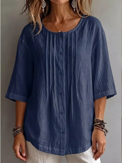 New Arrival 🔥Women'S Round Neck Three-Quarter Sleeve Pleated Shirt
