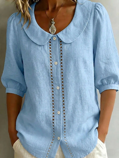 New Arrivals🔥 Women's Solid-color Peter Pan Collar 3/4-sleeve Casual Loose Cotton-linen Shirt