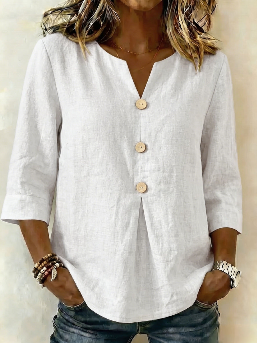 New Arrivals🔥Women's Solid Color V-neck 3/4 Sleeve Casual Loose Cotton Linen Top