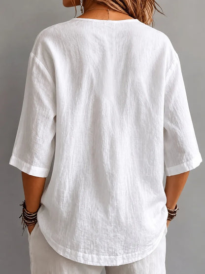 New Arrival 🔥Women'S Round Neck Three-Quarter Sleeve Pleated Shirt