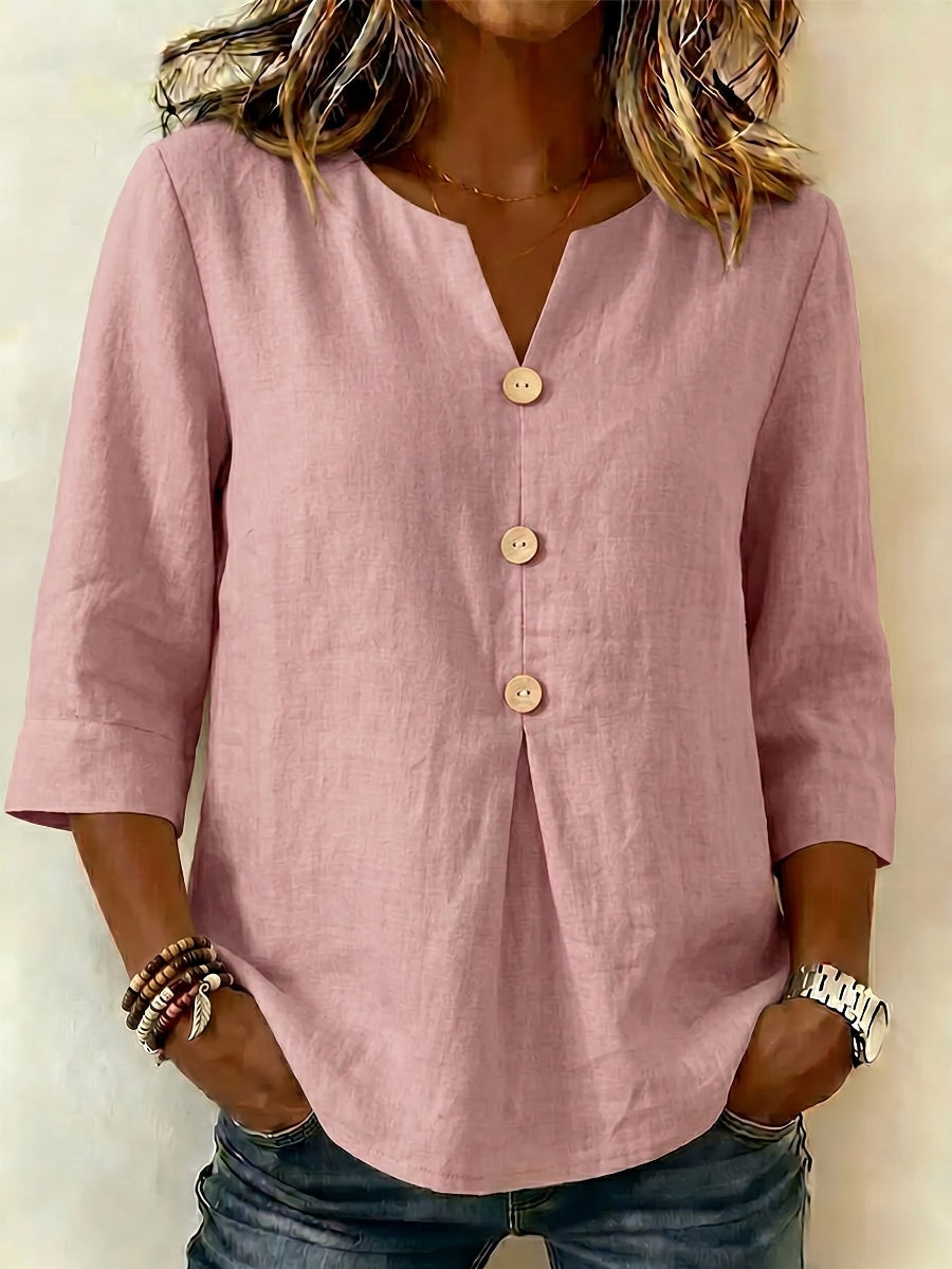 New Arrivals🔥Women's Solid Color V-neck 3/4 Sleeve Casual Loose Cotton Linen Top
