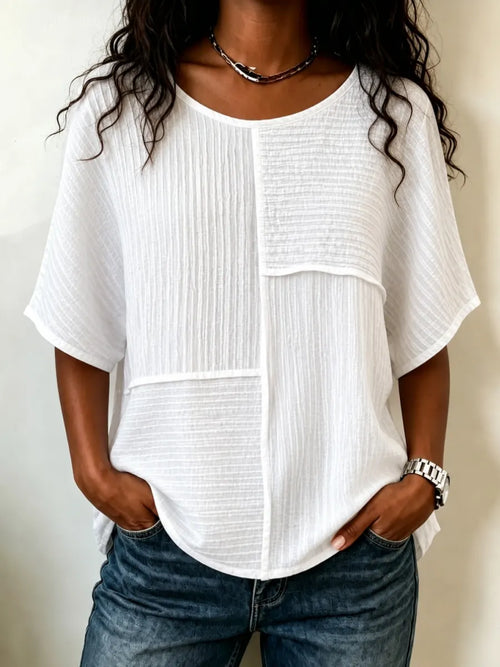 🔥CLEARANCE SALE🔥Women's Textured Patchwork Top with Round Neck and Short Sleeves