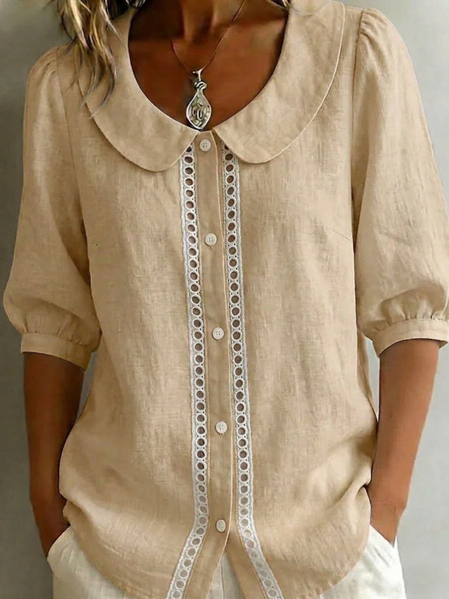 New Arrivals🔥 Women's Solid-color Peter Pan Collar 3/4-sleeve Casual Loose Cotton-linen Shirt